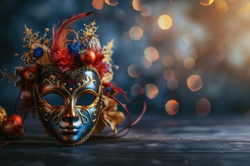 Poster - A vibrant carnival mask with feathers displayed on a rustic wooden table. Perfect for festive party themes