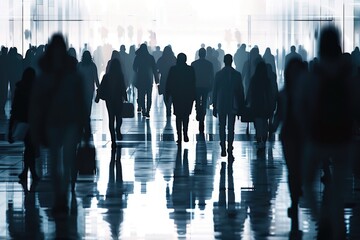 Poster - A large group of people walking through a building. Suitable for business or team concept