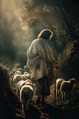 Aufkleber - A man walking with a herd of sheep down a dirt road. Suitable for agricultural or rural concepts