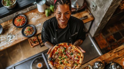 the chef presenting homemade pizza