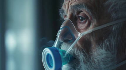 Poster - An elderly man wearing a mask and a breathing mask. Suitable for healthcare concepts