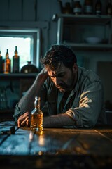 Aufkleber - Man sitting at table with beer bottle, suitable for bar or pub concept