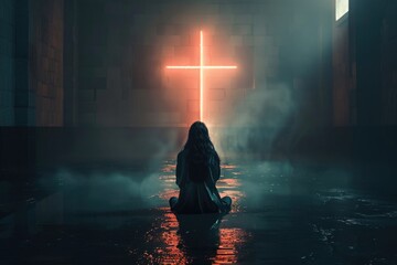 Poster - A woman sitting on the ground in front of a cross. Suitable for religious themes