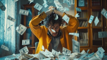 Poster - A man in a yellow jacket surrounded by money. Suitable for finance or success concepts