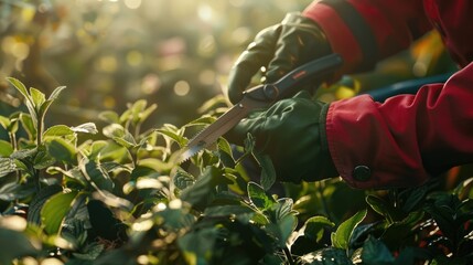 Poster - A person using scissors to cut leaves, suitable for gardening or nature concepts