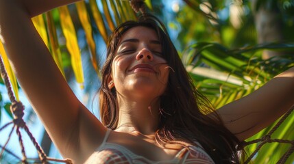 Poster - A woman in a white bra top standing under a palm tree. Ideal for travel and summer concepts