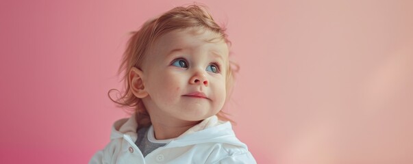 Wall Mural - A cute infant with lively eyes stands out against a soft pastel pink backdrop