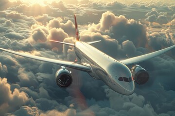 Aufkleber - A large passenger jet flying through a cloudy sky. Suitable for travel and aviation concepts