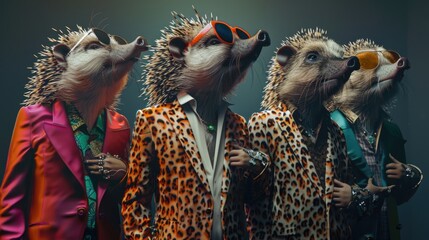 Poster - Cute hedgehogs dressed in animal costumes. Ideal for children's books or nature-themed designs