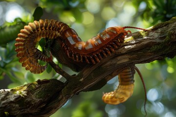 Poster - Close up of a worm crawling on a tree branch, suitable for nature and wildlife themes