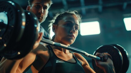 Poster - A woman lifting a barbell in a gym, suitable for fitness and sports concepts