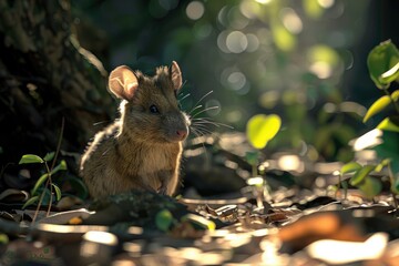 Poster - A mouse sitting in the middle of a forest. Suitable for nature and wildlife themes