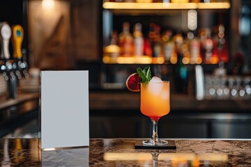 Mockup of a cocktail menu in a bar, on a bar counter with an exotic cocktail