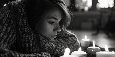 Aufkleber - A young girl sitting at a table with candles in front of her. Suitable for various concepts and themes