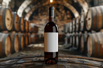 Wall Mural - Mockup of a bottle of red wine, against the background of a cellar with wine barrels