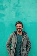 Poster - A man standing in front of a green wall. Suitable for business and corporate concepts