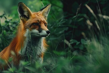 Poster - A close up of a fox in the grass. Suitable for nature themes
