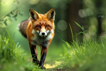 Poster - A red fox walking through a lush green forest, suitable for nature-themed projects