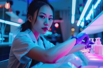 Aufkleber - A woman in a lab coat working on a machine. Suitable for science and technology projects
