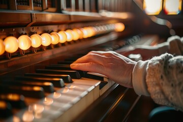 Poster - Close up of a person playing a piano. Suitable for music-related designs