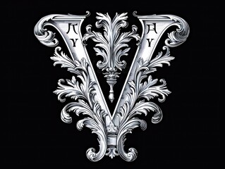Wall Mural - V letter intricate white baroque graceful sculptures, black background