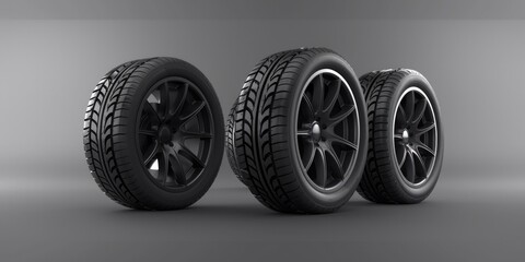 Poster - Three tires placed on a plain gray surface. Suitable for automotive industry