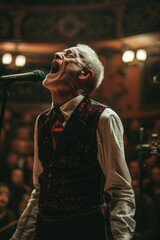 Poster - A man performing with a microphone in front of an audience. Perfect for concert or music event concepts
