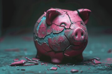 Poster - A broken piggy bank sitting on a table. Suitable for financial concepts