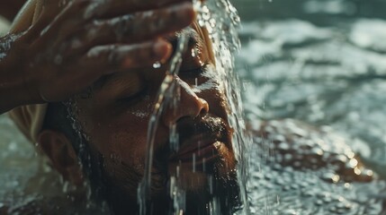 Aufkleber - A man standing in the water with his hand on his head. Suitable for various concepts and designs