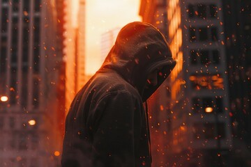 Poster - A person in a hoodie standing in a city, suitable for various urban themes