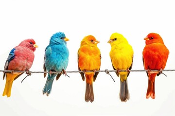 Poster - Colorful birds perched on a wire. Ideal for nature and wildlife themes