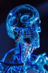 Poster - A close up of a skeleton illuminated by a blue light. Suitable for Halloween themes