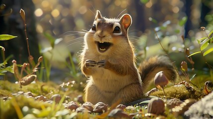A chuckling chipmunk with cheeks stuffed full of nuts pauses to share a joke, amusing forest dwellers.