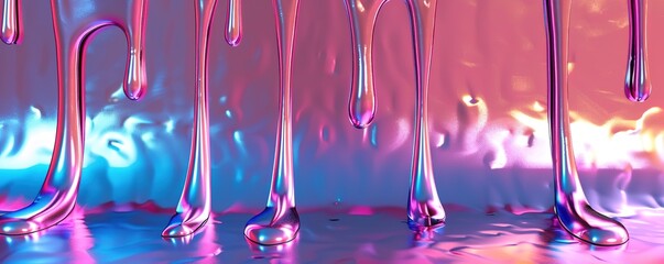 Colorful dripping liquid on reflective surface with neon lights.