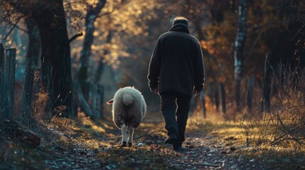 Poster - A man walking down a path with a sheep. Suitable for various outdoor and rural themes