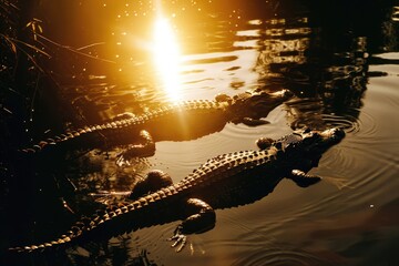 Poster - Two alligators swimming in the water, suitable for nature and wildlife themes