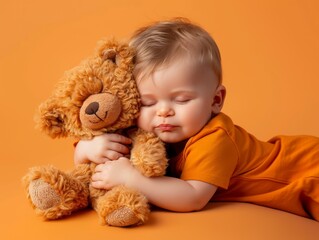 Wall Mural - A sleeping baby with a teddy bear isolated on a solid pastel orange background