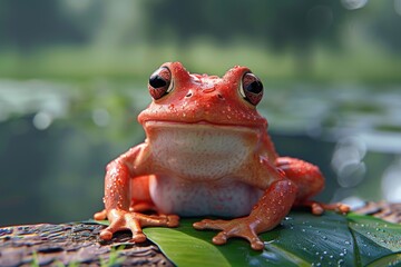 Poster - A frog sitting on top of a green leaf. Can be used for nature or wildlife themes