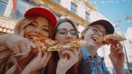 Poster - A group of young people enjoying slices of pizza. Ideal for food and social media concepts