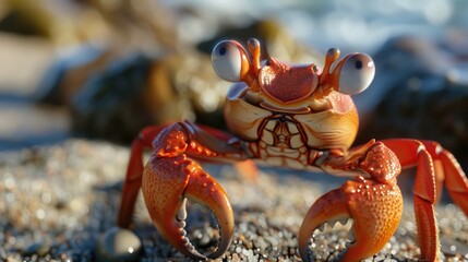 Poster - An orange crab sitting on a sandy beach, suitable for nature and animal themes