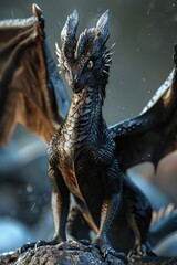 Poster - A close up of a dragon statue on a rock. Suitable for fantasy themes