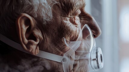 Poster - An elderly man wearing a breathing mask. Suitable for healthcare concepts