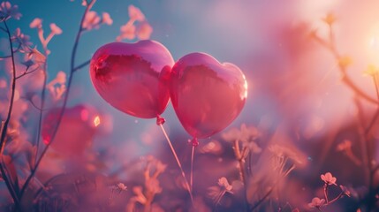 Poster - Two pink balloons floating in a field of flowers. Perfect for spring or celebration concepts