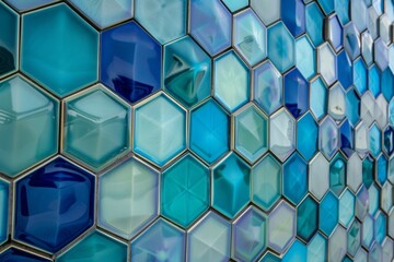 Wall Mural - a geometric pattern of interlocking hexagons in various shades of blue and green, creating a modern 