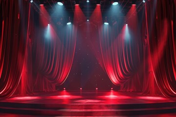 Poster - A stage with red curtains and bright spotlights. Ideal for theater or performance concepts