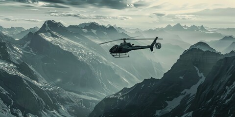 Poster - A helicopter soaring above a majestic mountain range. Perfect for travel and adventure concepts