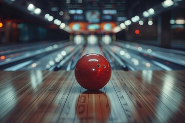 Poster - A red bowling ball resting on a wooden floor. Suitable for sports and leisure concepts