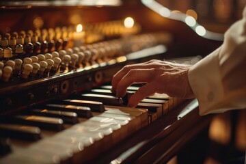 Poster - Close up of a person playing a piano. Suitable for music-related projects