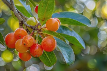 Poster - A close up view of fruit hanging on a tree, suitable for various food and nature concepts