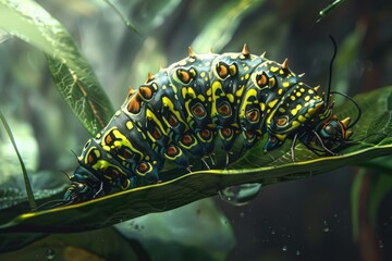Poster - A vibrant caterpillar perched on a leaf, suitable for nature-themed designs